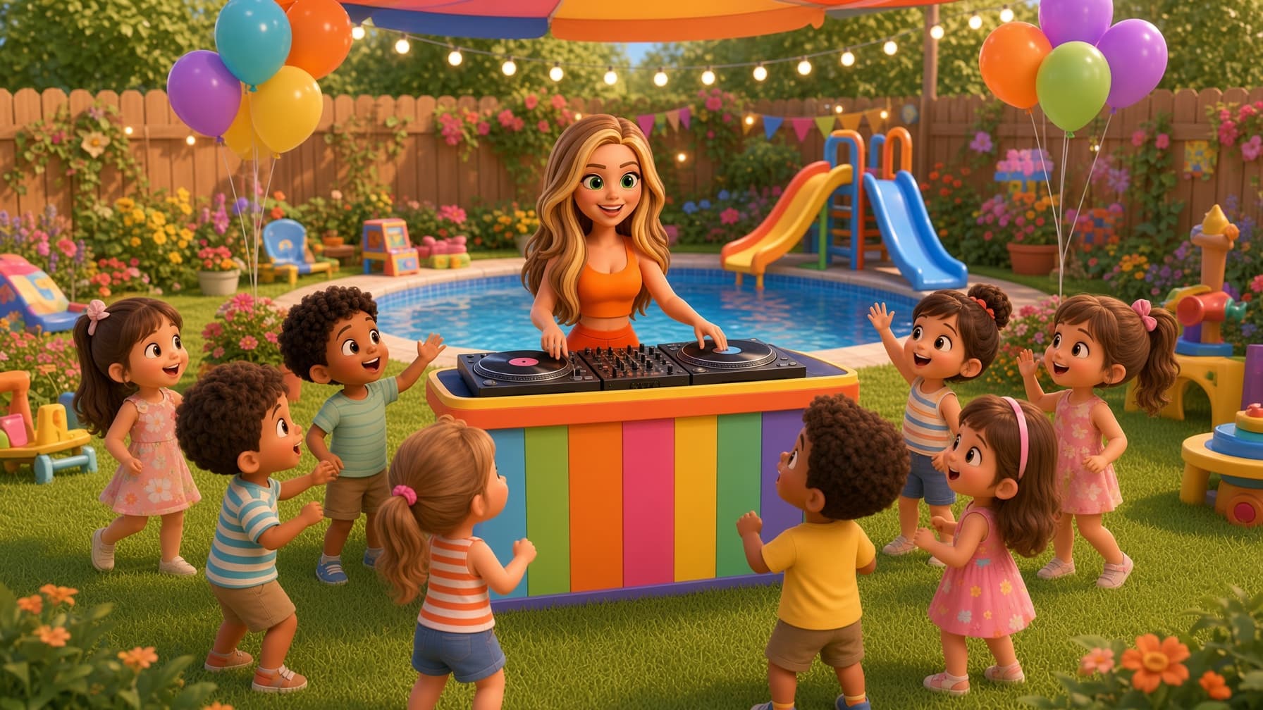 E the DJ playing a set behind her rainbow DJ booth while a group of toddlers dances in a sunny backyard