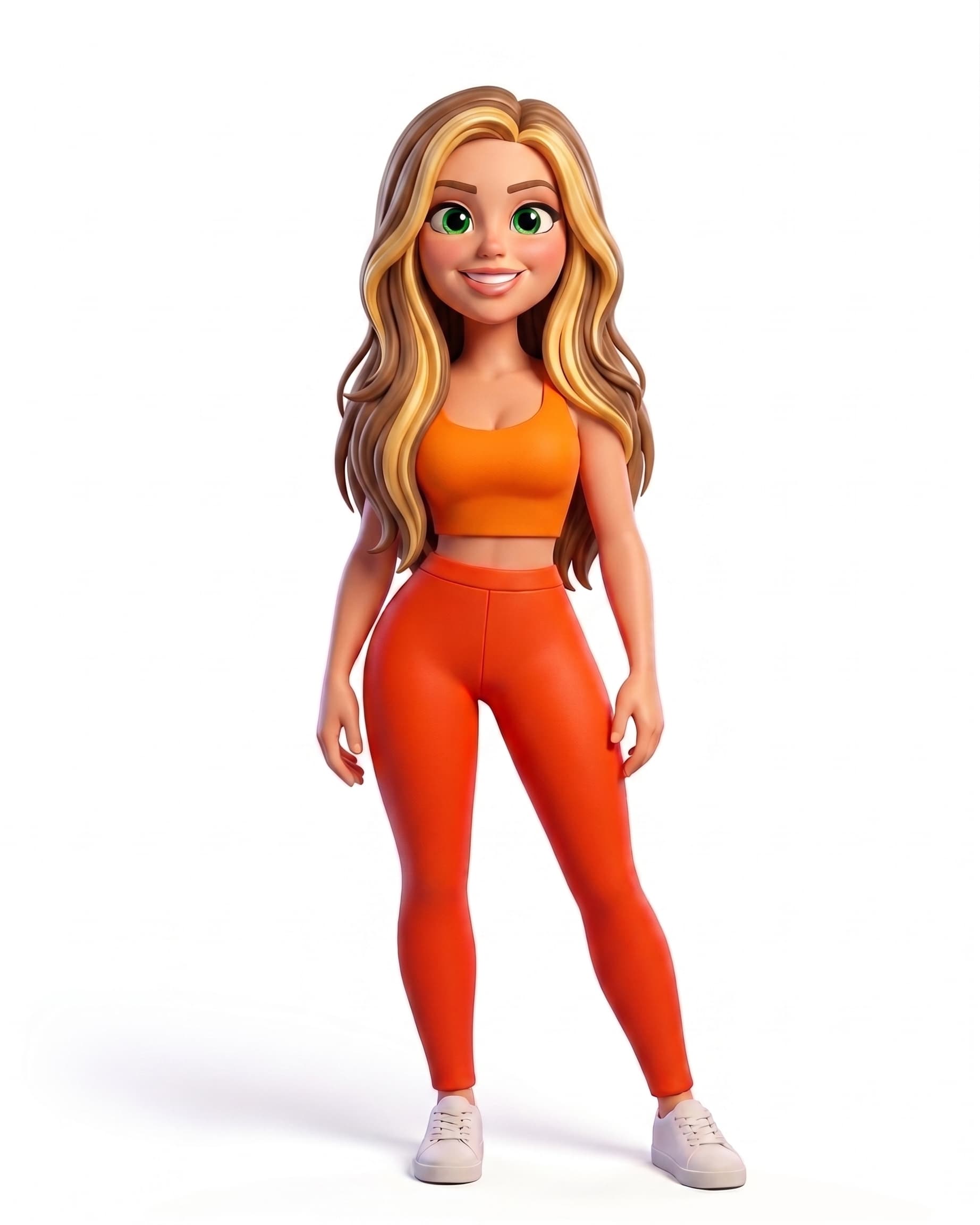 E the DJ, a cheerful cartoon character with long blonde hair, an orange top and red-orange leggings